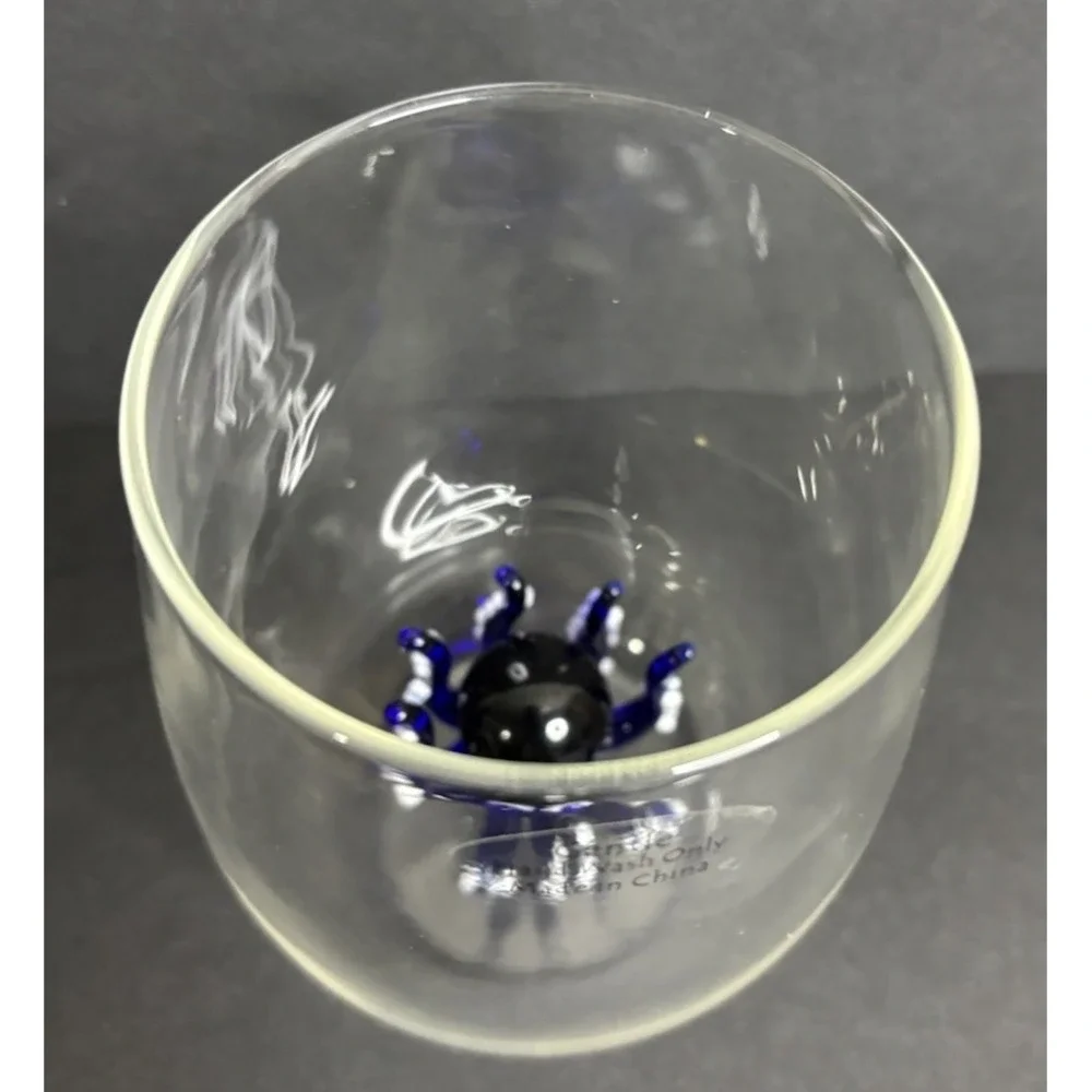 2 Stemless Wine Glasses Handblown Cobalt Blue Octopus and Orange Fish Inside